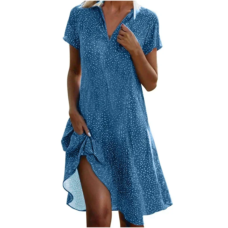 Vestidos elegantes femininos verão com decote em v casual dot impresso vestido de manga curta moda férias camisa vestidos 2024