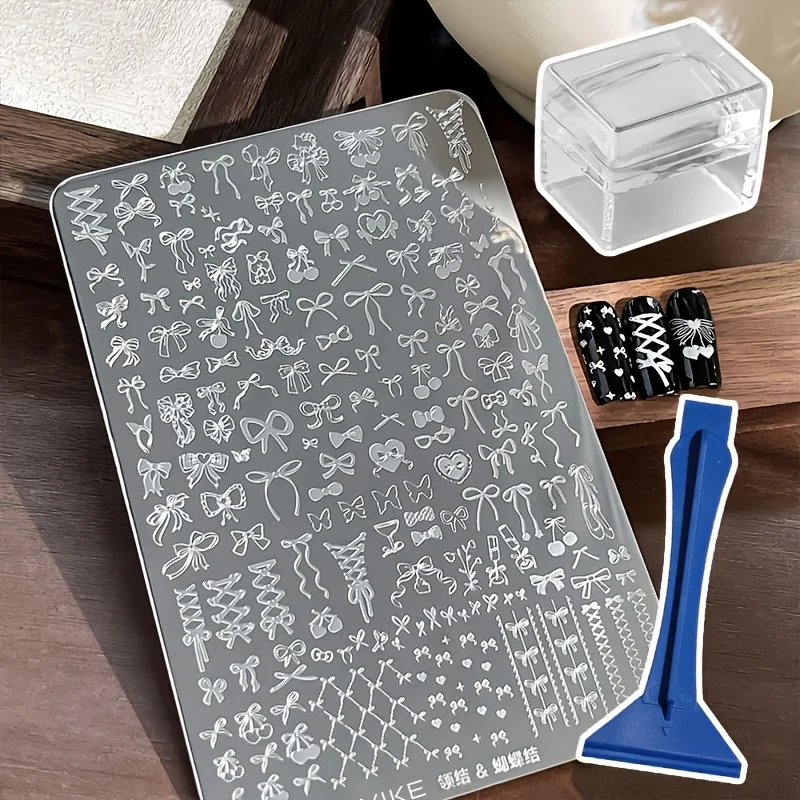3 Pieces/Set of Nail Art Stamping Plates, Silicone Stamps with Scraper Tool, for DIY Various Styles of Bow Print Templates and Home Salon Nail Embossing