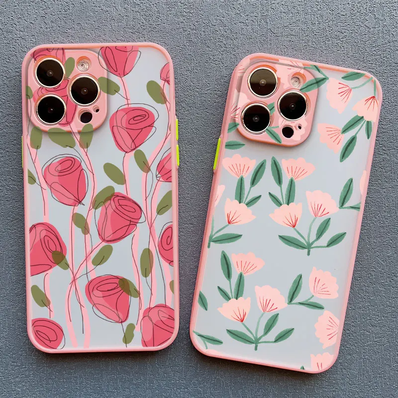 Art Flat Flower Pattern Protective Phone Case For iPhone 16 15 14 Pro Max Plus 11 12 Mini 13 Pro Max 7 8 Plus X XR XS Back Cover