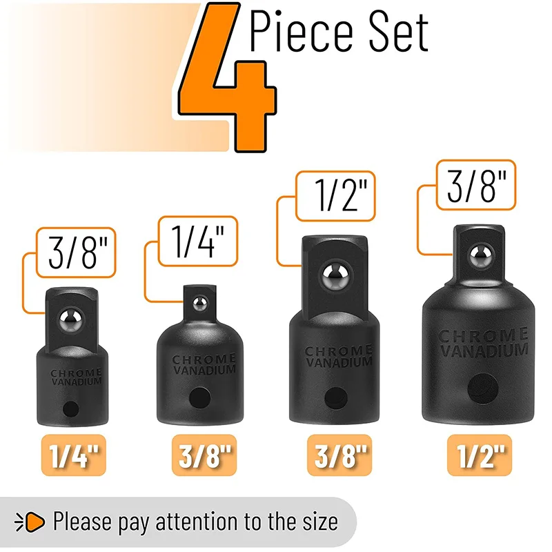 4pc Impact Socket Adapter and Reducer Set 1/2 3/8 1/4 Socket Adapter in Auto and Impact Driver Construction Work Car Repair Tool