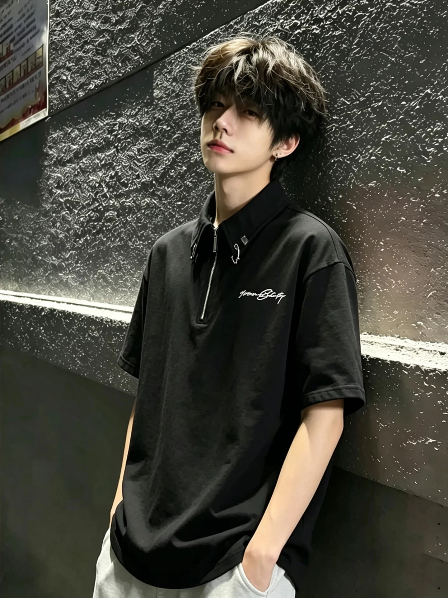 Cleanfit Metal Buckle Short Sleeve Men's T-shirt Collared Black Half Zip Summer Fashion Casual Wear Standard Fit Youth 