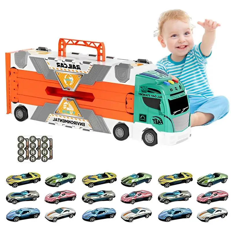 

Foldable Truck Toy Transporter Truck Toy Set Ejection Race Track Catapulting With Lights & Sounds Car Carrier With 18 Metal Car