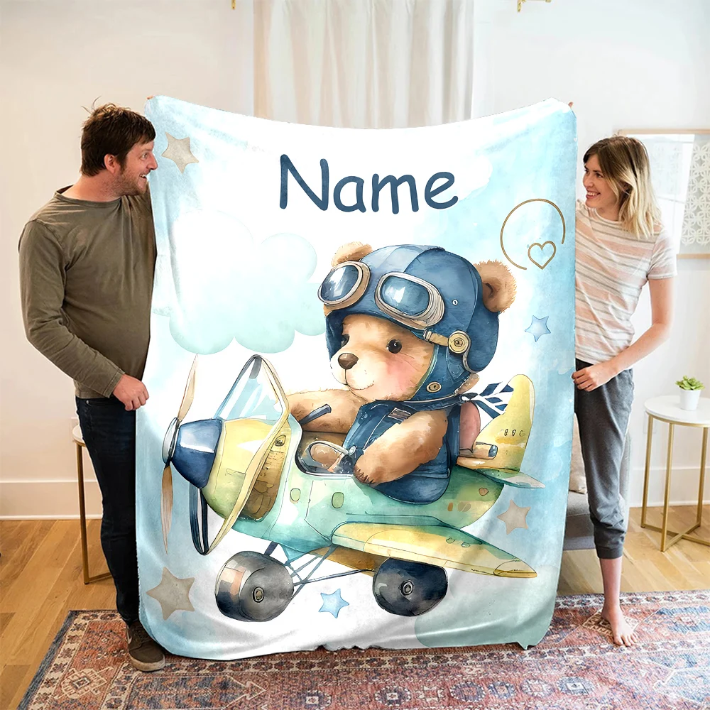 Customized Name Personalized Blanket Bear Pattern Text Children Warm Soft Blankets Home Travel and Comfortable Blanket