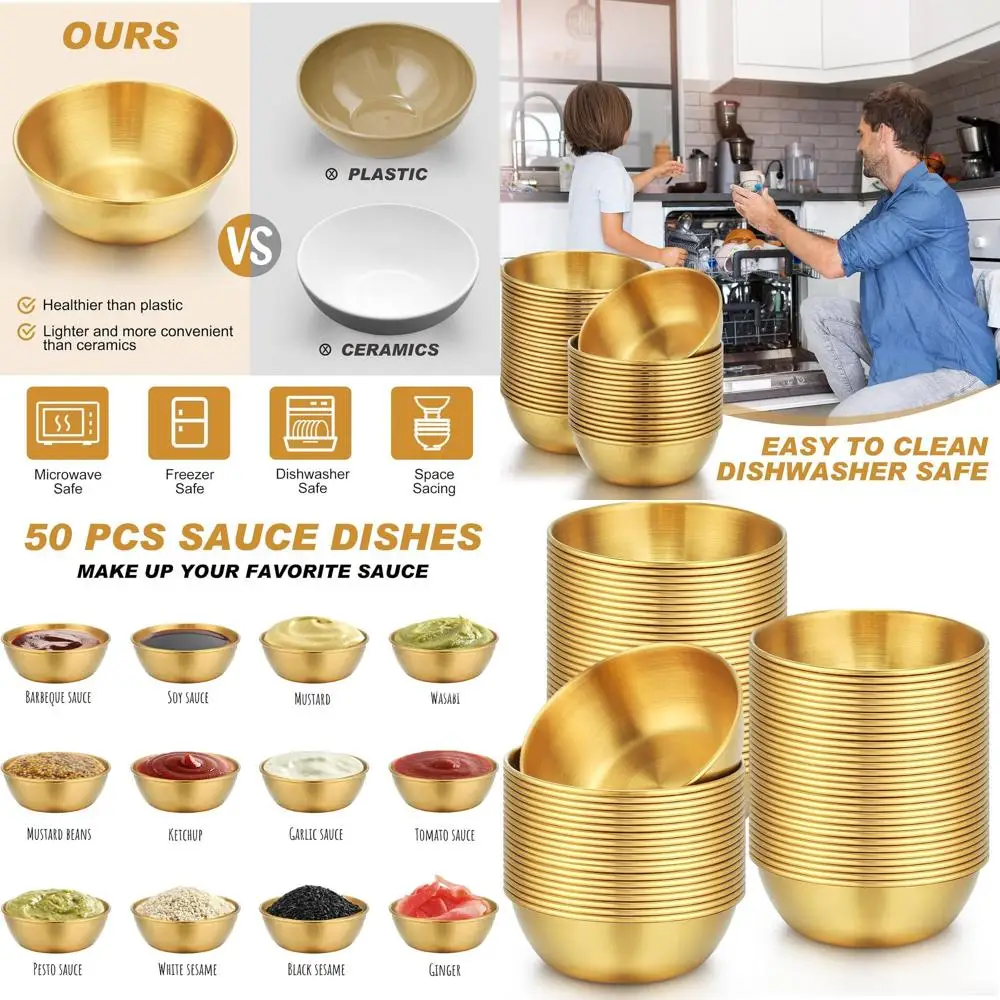 

Set of 50 3.2 Inch Round Stainless Steel Mini Sauce Bowls for Seasoning, Dipping, and Party Use (Gold)