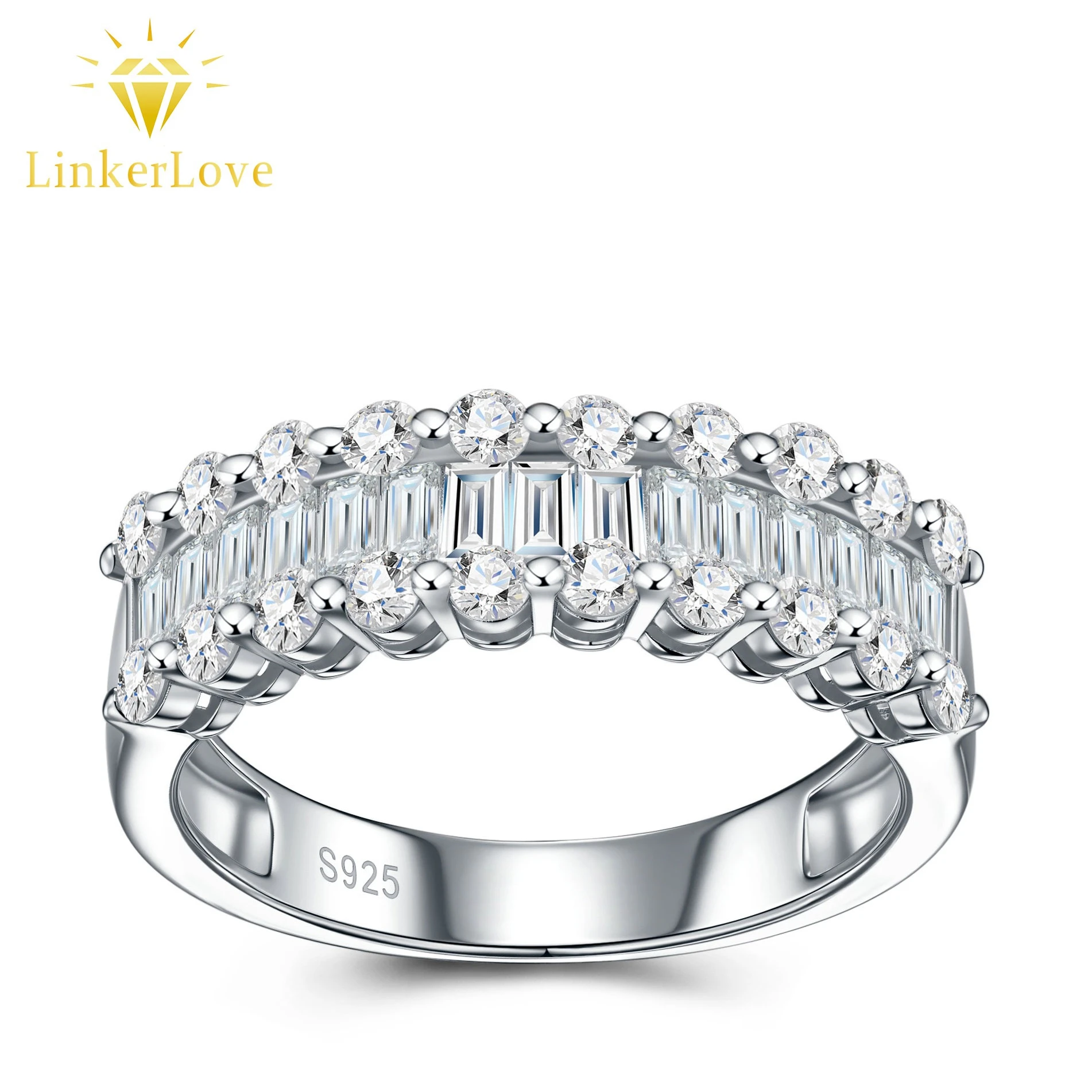 

LinkerLove S925 Sterling Silver Baguette Cut Moissanite Ring White Gold Plated Half Eternity Wedding Band for Women Fine Jewelry