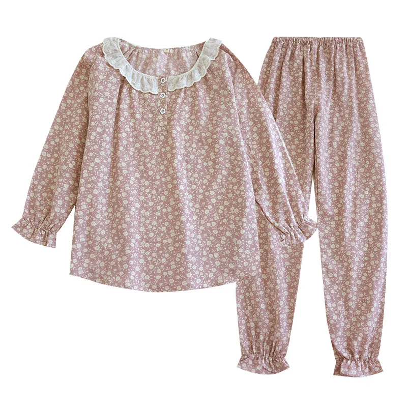 Spring / Autumn Pure Cotton Gauze Women\'s Pajamas Long Sleeve Trousers Sleepwear Lace Crew Neck Small Flower Print Casual Set