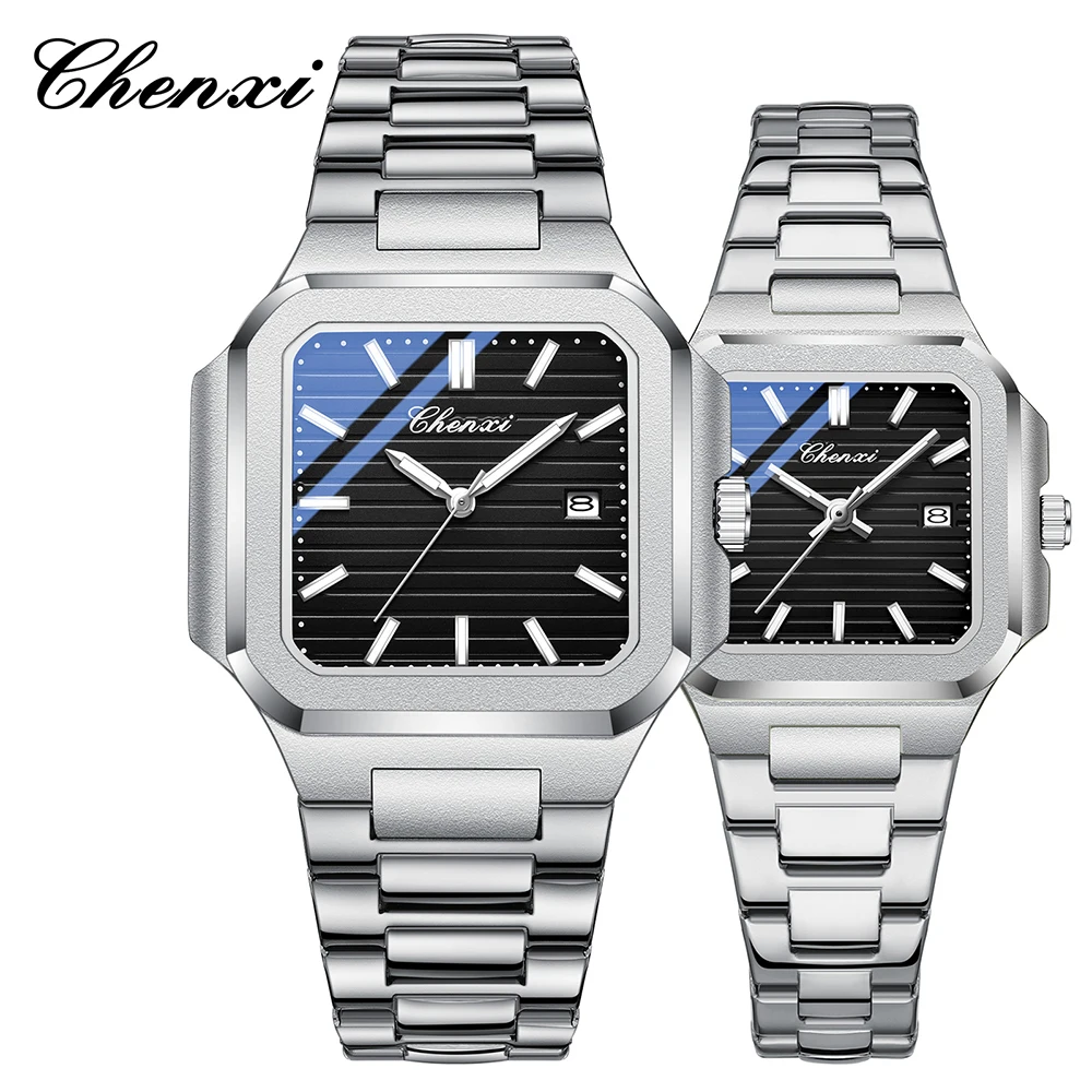 CHENXI Simple Fashion Quartz Couple Watch Luminous Waterproof Men Women Watches Square Dial Stainless Steel Couples Wristwatches