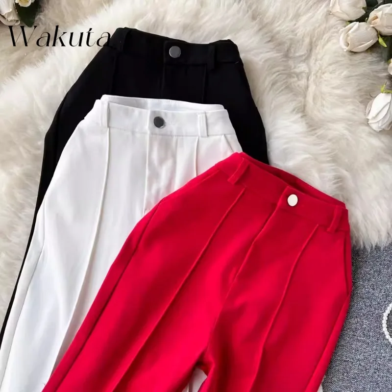 WAKUTA Korean Version of The Classic High-waisted Thin Flared Pants Fashion Solid Pleated Suit Open Pants Casual Commuter Capris