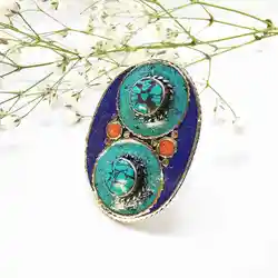 Tibetan Big Rings for Man White Metal Copper Inlaid Colorful Stone Ring Owl Eye R204