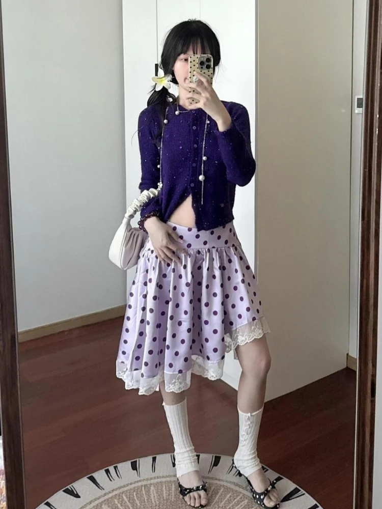 Sweet Y2K Casual Outfit for Spring Summer emo 2026 Women's Trendy Purple Polka Dot Skirt - Lace Trim A-Line Flared Skirt