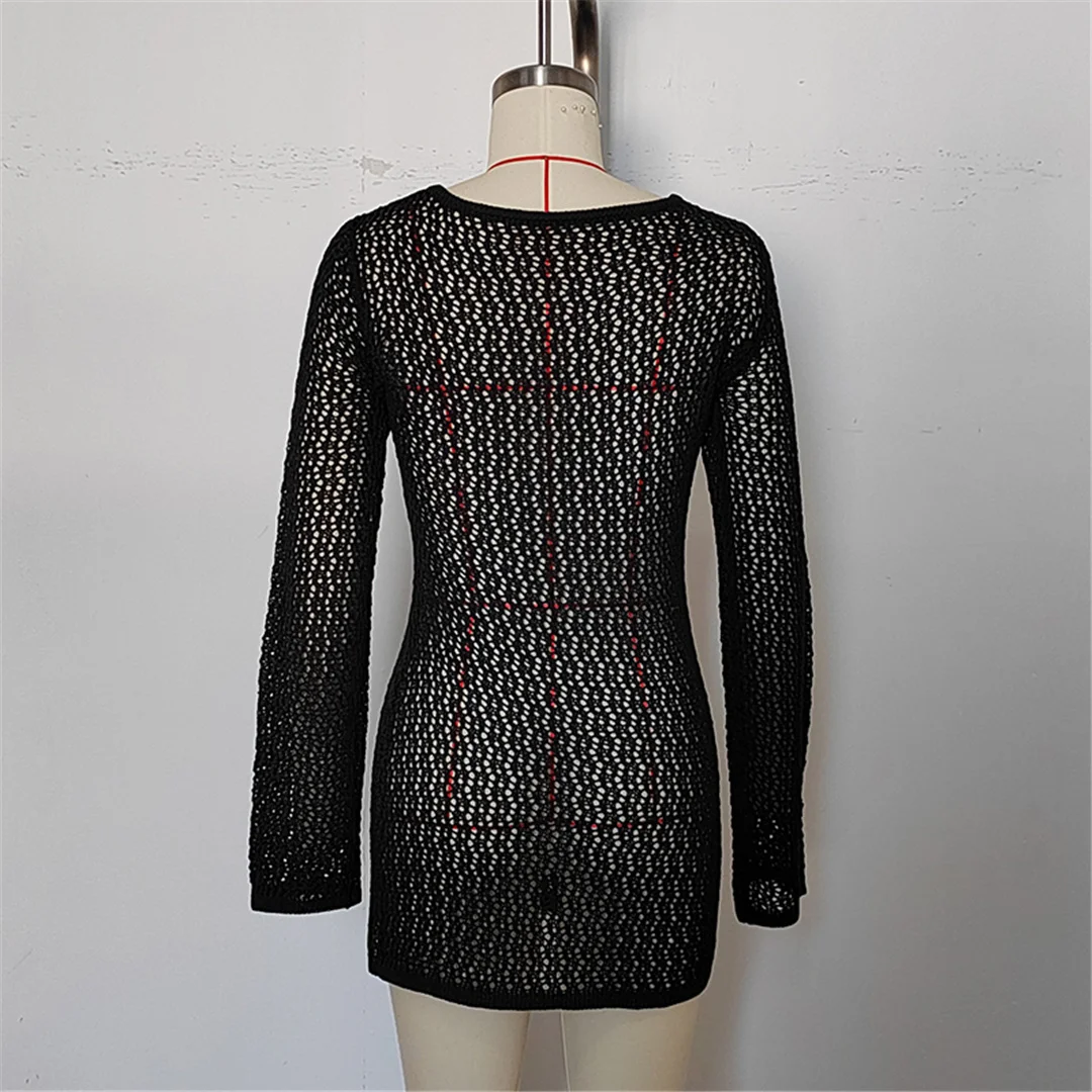 Langärmliges, ausgeschnittenes, gehäkeltes, gestricktes Tunika-Strandkleid, Strandkleidung, Strandbekleidung, Strand-Cover-up, Damen, V6552 – Detail 18