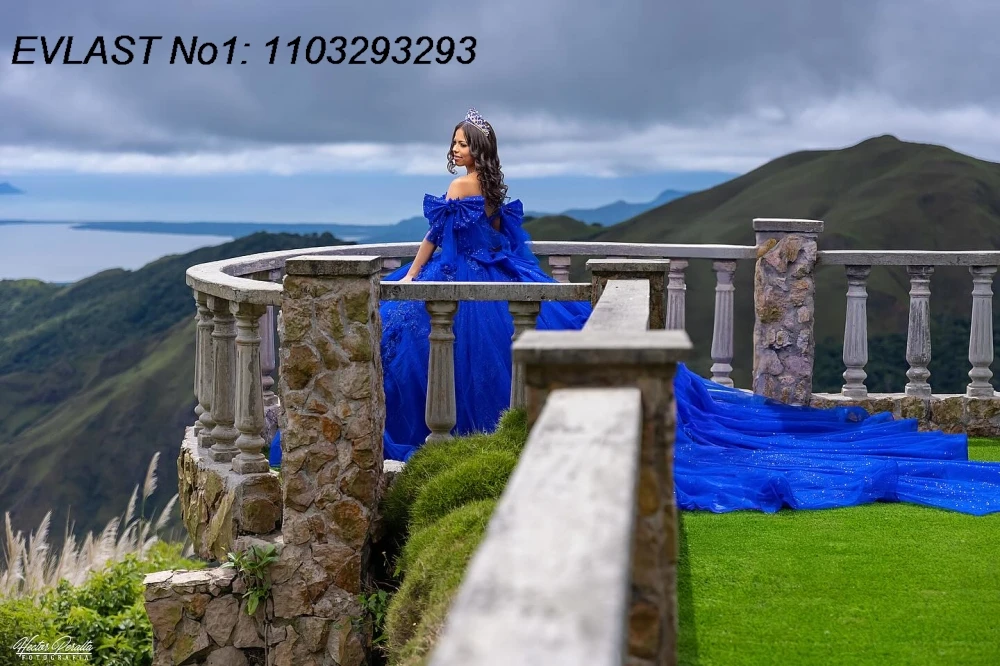 EVLAST Sukienka Quinceanera w kolorze królewskiego błękitu, styl meksykański, suknia balowa, aplikacje z koronki, zdobienia z koralików, wiązana, Sweet 16, Vestidos De 15 Anos E1QN520