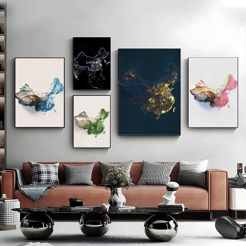 Frameless Canvas Painting 1pc Frameless Rich Design Map China Poster Sticky Poster Paper Sticker DIY Room Bar Cafe Wall Decor Gi