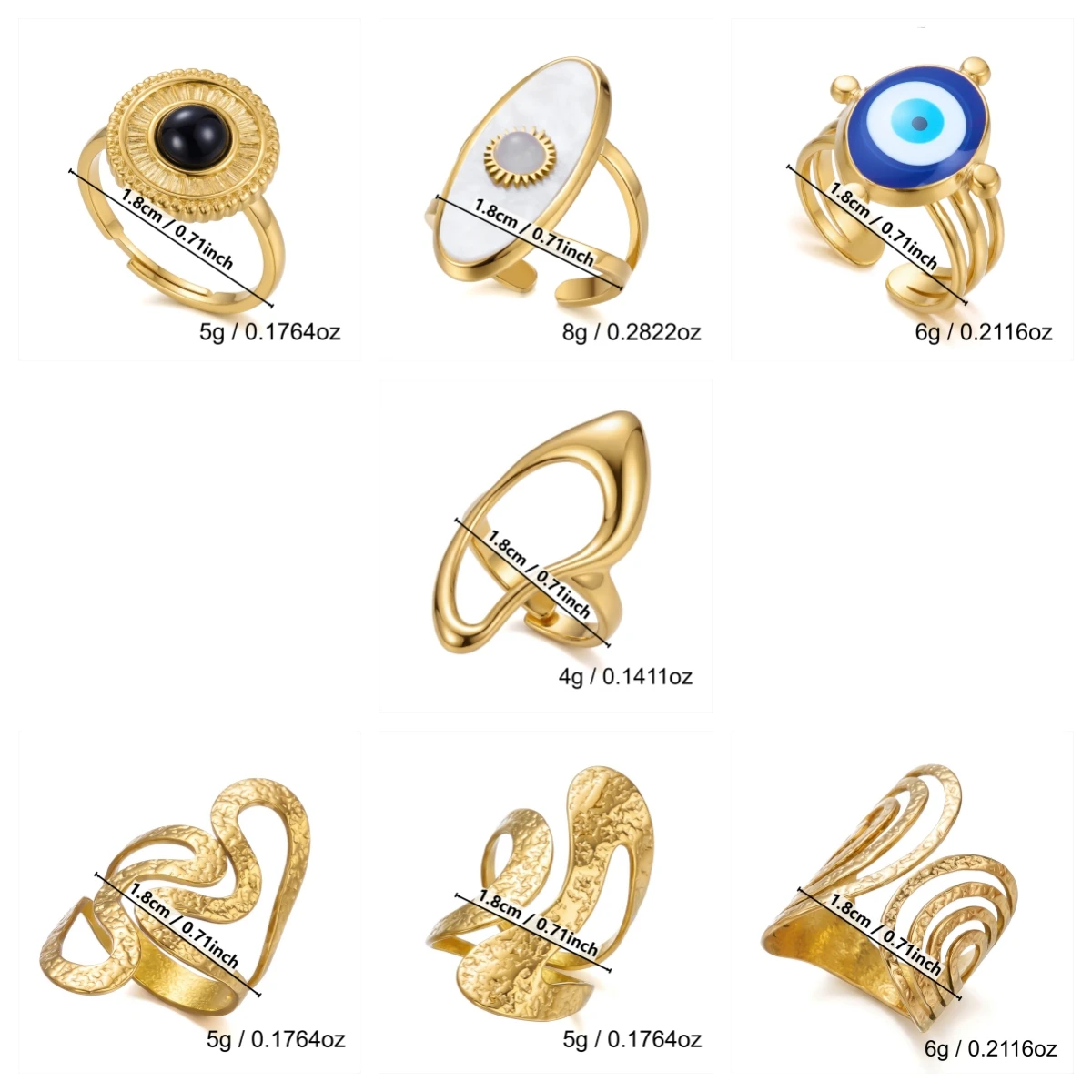 Vintage Geometrische Edelstahl Offene Ringe für Frauen Boho Böser Blick Weiße Muschel Unregelmäßige Hohle Ringe Party-Schmuck Wasserfest – Detail 7