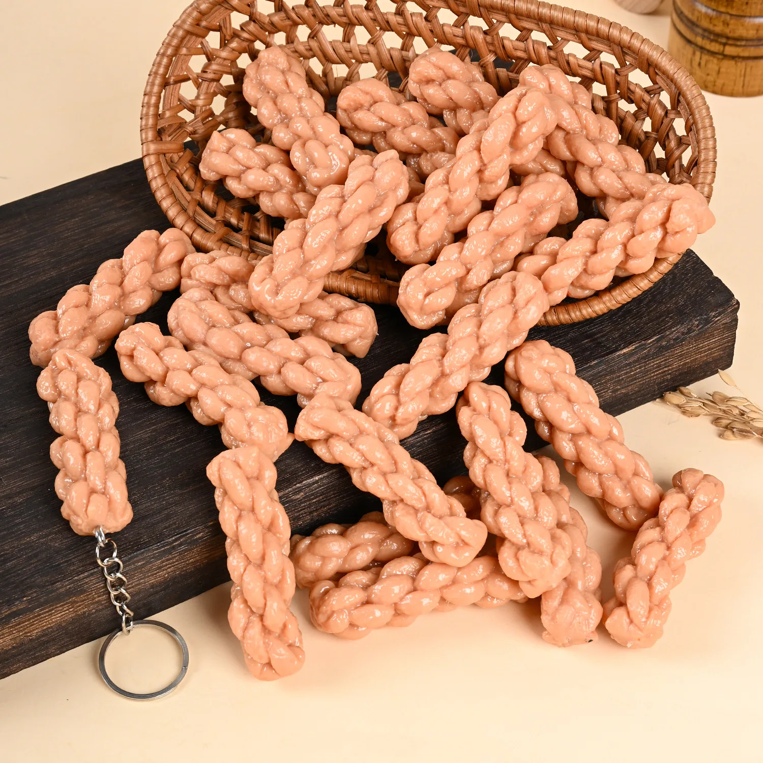 Mini 6.5cm Chinese Fried Dough Twist Mahua Model PVC Snack Pastry Food Keychain Pendant Photography Prop Desktop Decoration