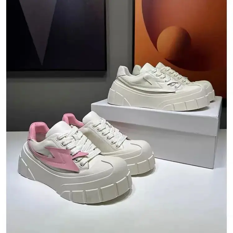 

Women White Chunky Shoes High Heels Spring Casual Thick Soled Luxury Designer Brand Sneakers Real Leather Height Increasing 2024