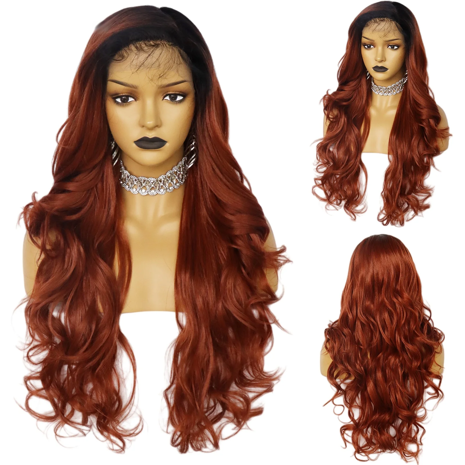

13x4x1 Lace Front Wig Black Root Auburn Long Body Wave Curly Synthetic Wig Heat Resistant Women Daily Cosplay ﻿