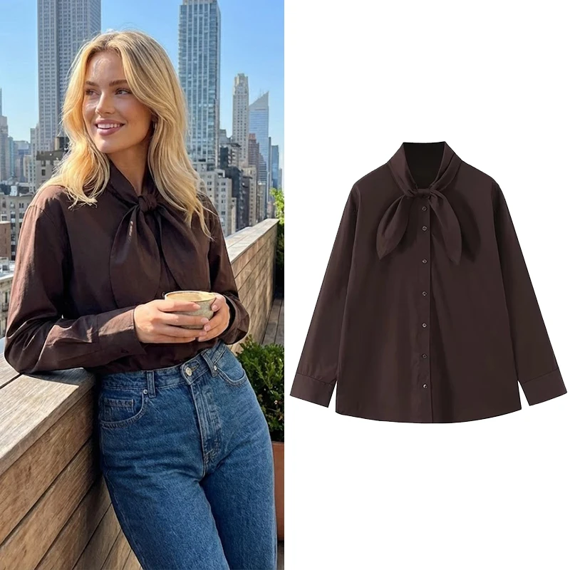 Willshela Women Fashion With Bow Brown Single Breasted Blouse Vintage Scarf Collar Long Sleeves Female Chic Lady Shirts