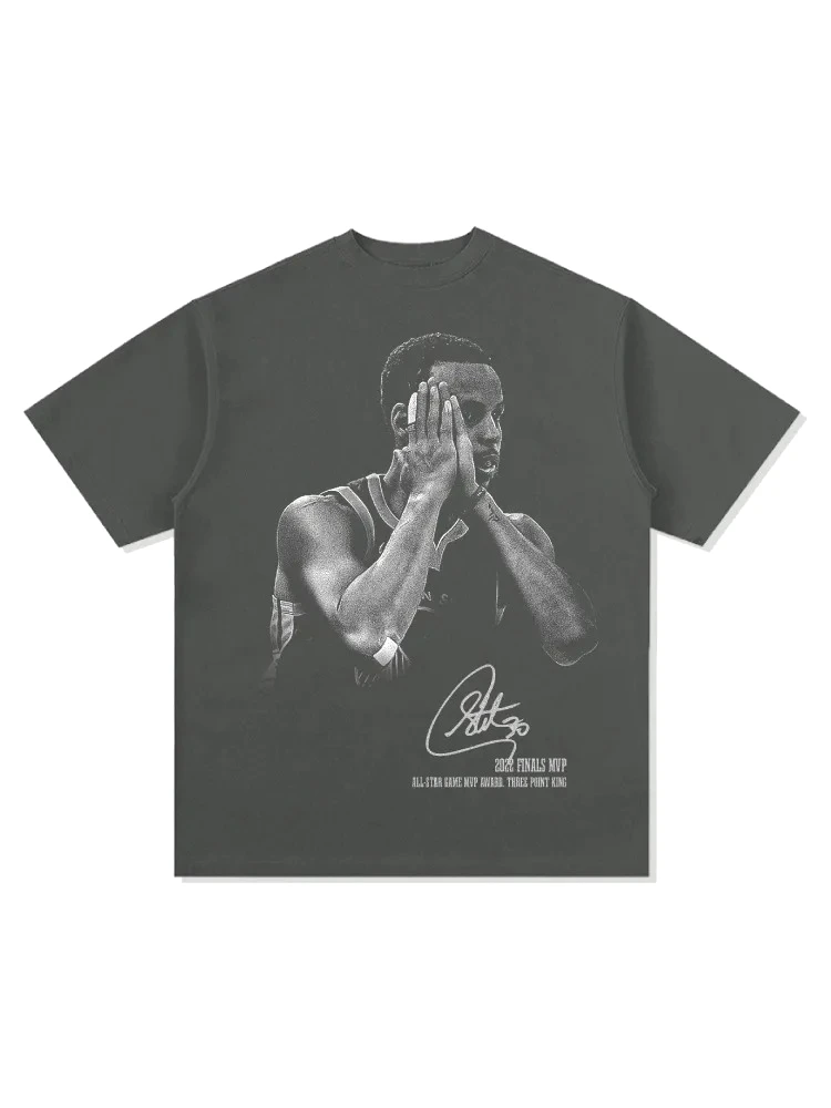 American Hip Hop Curry Signature Action Night American Retro Print Short Men Women Retro Fashion Short Sleeve Tops Casual Tee