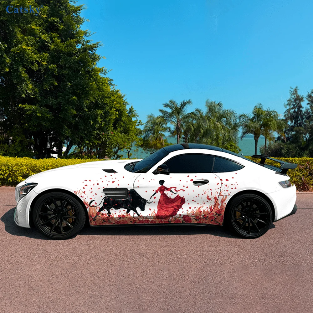 Red Dress Woman Cow Car Vinyl Wraps Decal Self-adhesive PVC Sticker Suitable for Trucks SUV Decoration Auto Accessories Gift
