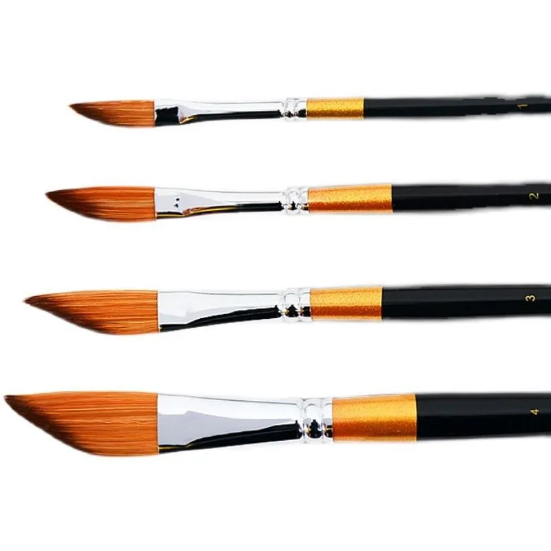 Juego de 4 pinceles de punta inclinada con mango corto para trazo, pincel de nailon para gouache y acuarela, pincel especial para pintura acrílica y al óleo.