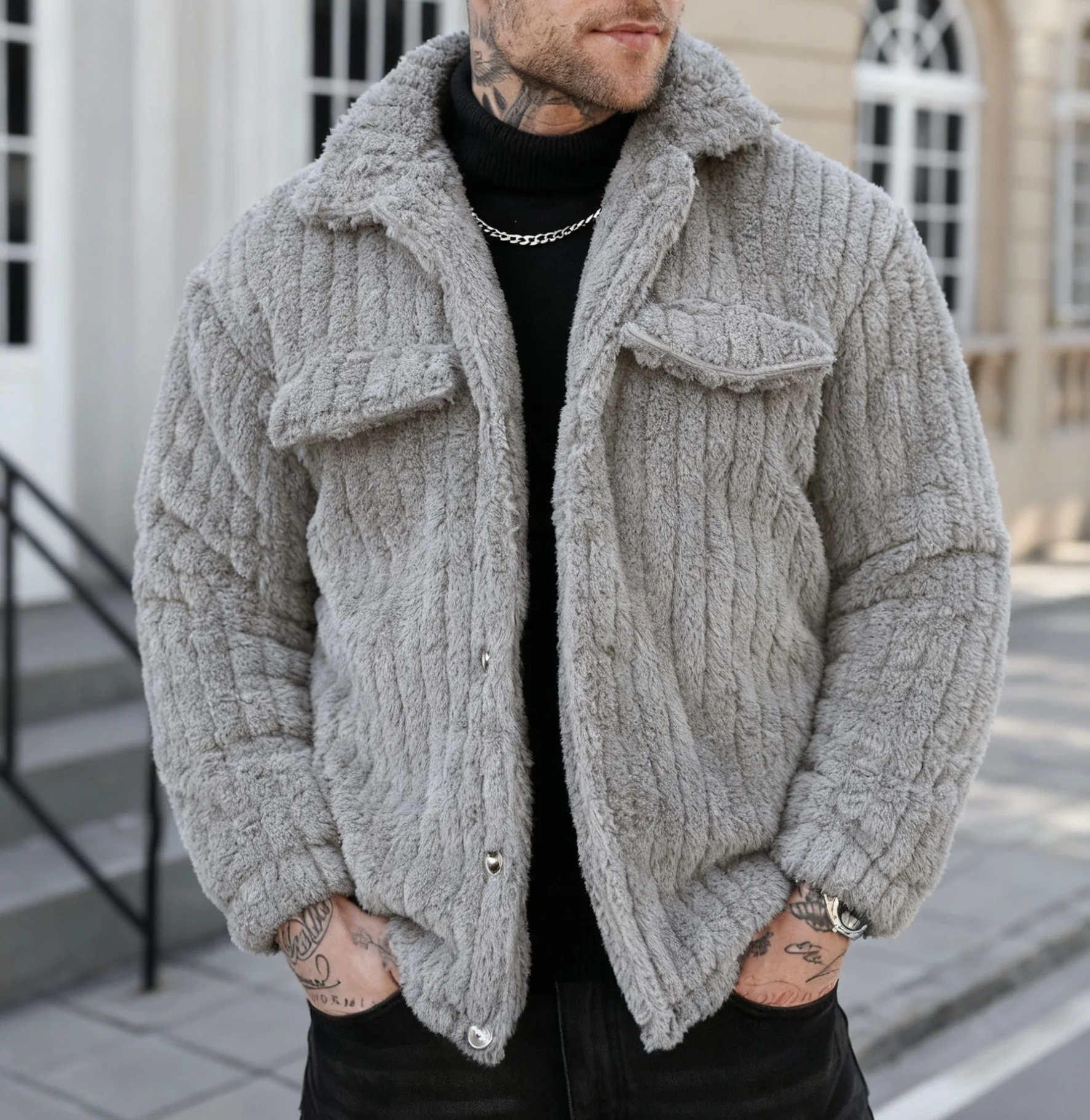 

2025 New European and American Style Casual Fleece Collared Comfortable Casual Men's Jacket