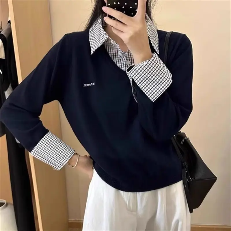 Suéter de malha com gola alta, duas peças falsas, europeu, longo, comprimento regular, cardigã de inverno