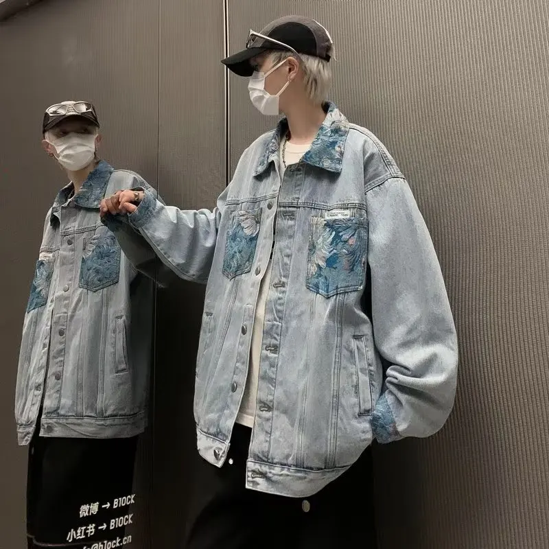 

Retro Waed Denim Jaet Loose Fit Men's Casual Spring Autumn Wind Stitching Trendy Brand Youthful Sle Long Sve Coat