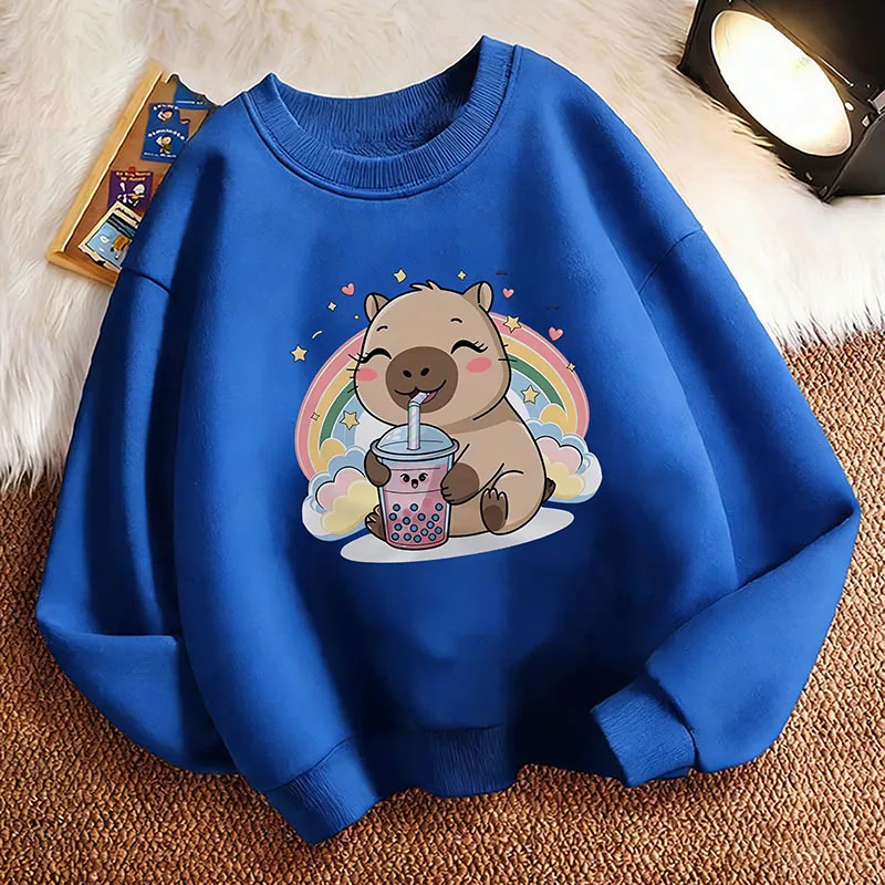 Lustiger Kinder-Sweatshirt-Pullover, Frühlings-Hoodie mit fröhlichem Regenbogen-Capybara, der Saft trinkt, Rundhalsausschnitt, Grafik-Hoodie für Jungen/Mädchen, Kinder-Hoodie