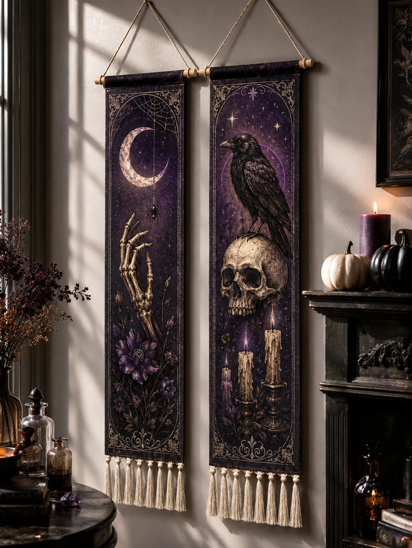 Halloween-Wandteppich mit Quasten, Gotische Hexe, Schwarze Katze, Krähe, Geisterhaus, Totenkopf-Druck, Vintage Grusel-Wandbehang Deko – Detail 36