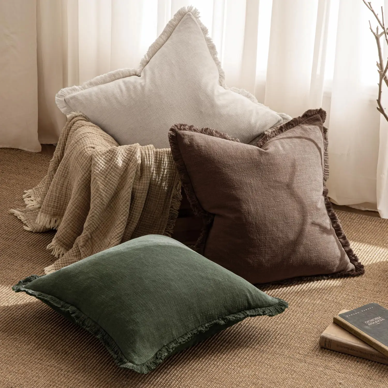 Rosa Dekorative Sofakissenbezüge Neutrale Leinen-Fransen Zierkissen Boho Akzent-Kissen für Bett Sofa Wohnzimmer 45x45cm – Detail 18