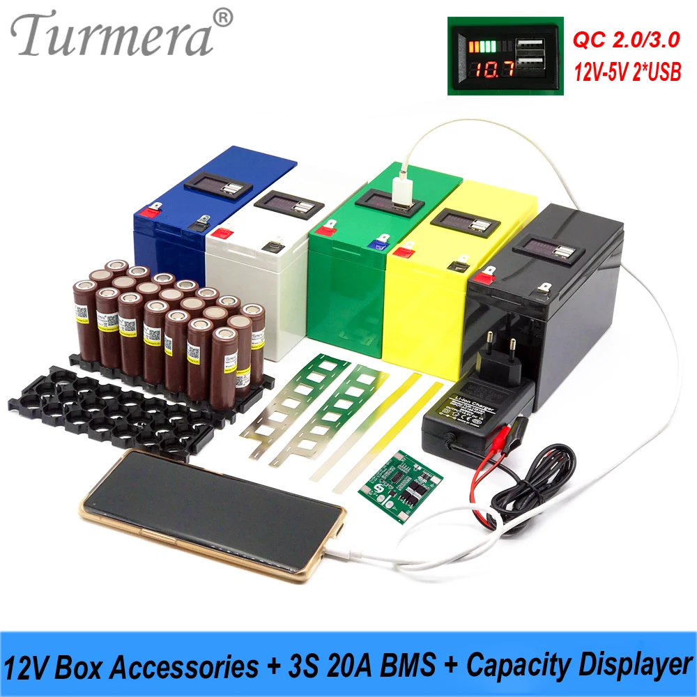 Turmera 12V Contenitore batteria 3X7 18650 Supporto 3S 20A BMS DC 12V a 5V QC3.0 2 * Displayer USB per la sostituzione