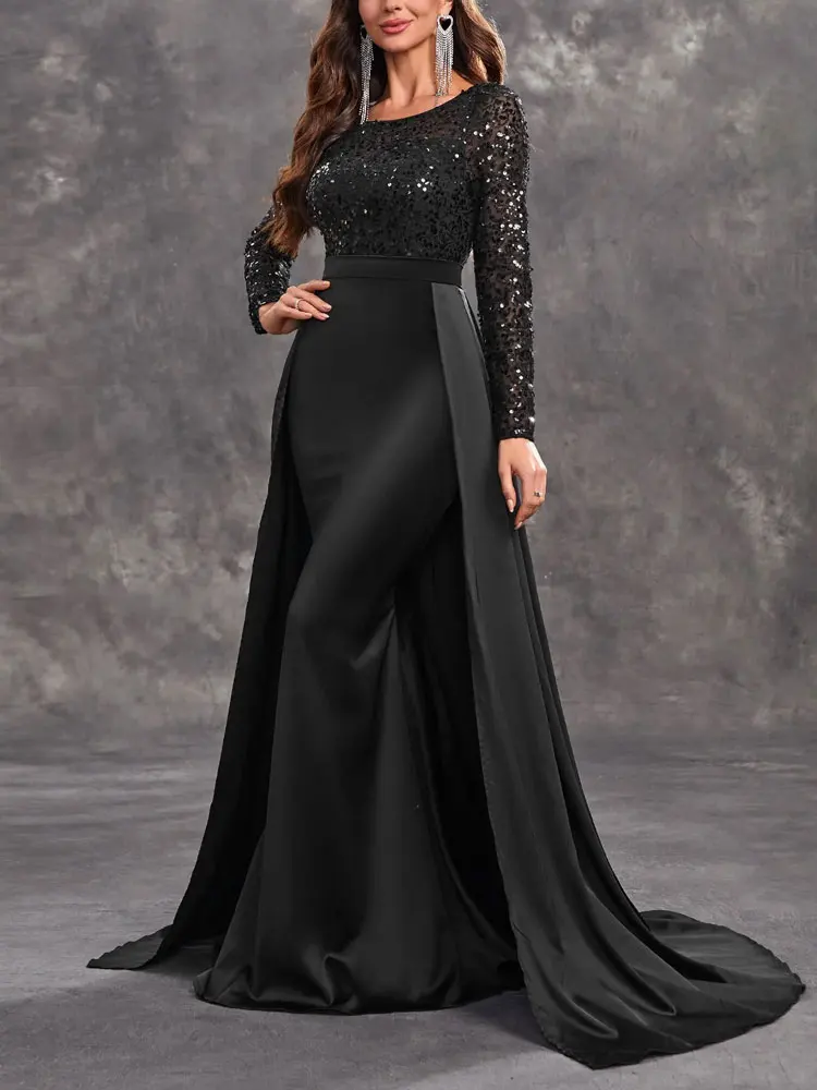 Dubai árabe preto mancha sereia mãe da noiva vestido longo sheer neck mangas compridas elegantes vestidos de noite baile de formatura dre