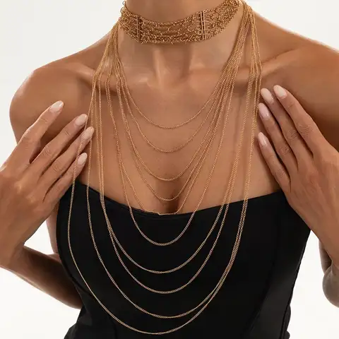 Salircon 2Pcs/Set Trendy Creative Gold Color Metal Wide Chokers Necklace Women Retro Multi Layer Sweater Long Chain Jewelry New