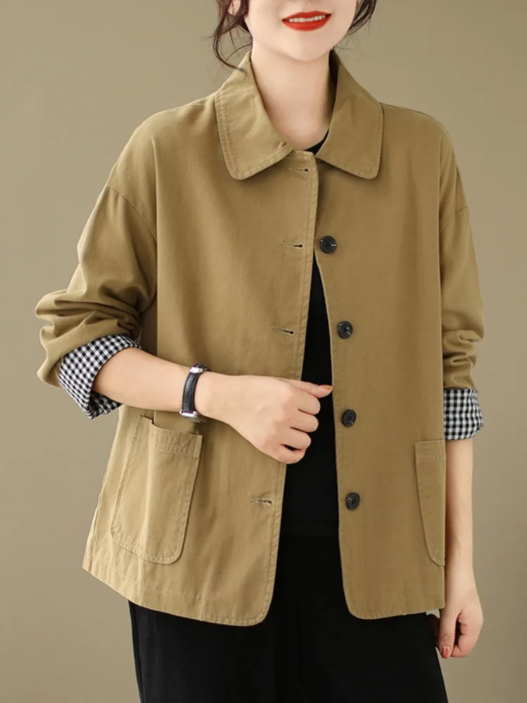 Casual Cotton Short Jacket Women's Fashionable Large Size Long Sleeve  Collar Top Double Layer Autumn Wear for Middle-Age...