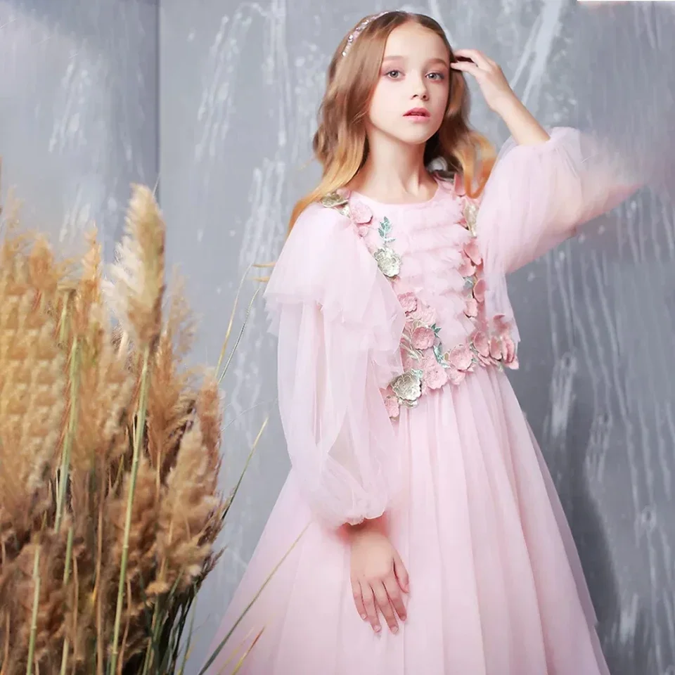 Robe à fleurs pour filles, manches personnalisées, pour mariage, col rond, robe de bal, princesse, première Communion, fête d'anniversaire, vêtements de concours