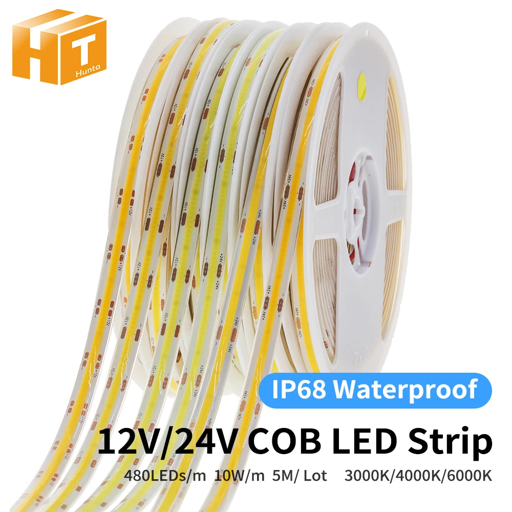 

COB LED Strip 12V 24V 480LEDs 10W/m 3000K 4000K 6000K IP68 Waterproof High Brightness For Outdoors Lighting 5m/lot