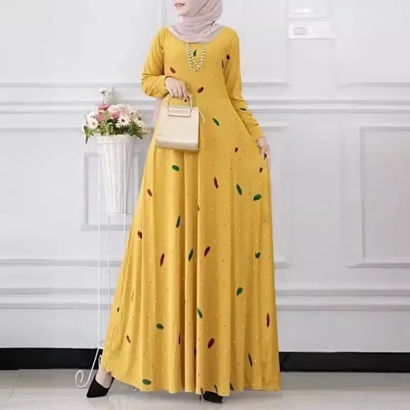 Muslim Women Long Sleeve Flared Dress with Leaf Dot Print Button Down Ethnic Style for Spring Autumn