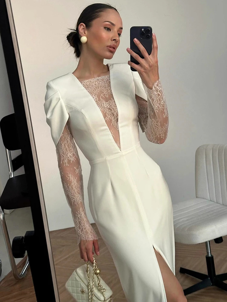 Articat Elegant Long Sleeve Lace Patchwork Party Club Evening Dress Women Sexy Sheer Slit Modest Formal Dress Winter New 2026