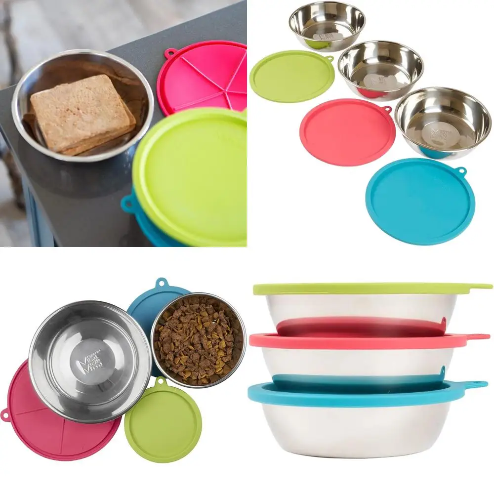 

6-Piece Stainless Steel Bowl Set with Colorful Silicone Lids for Portable Pet Food and Water