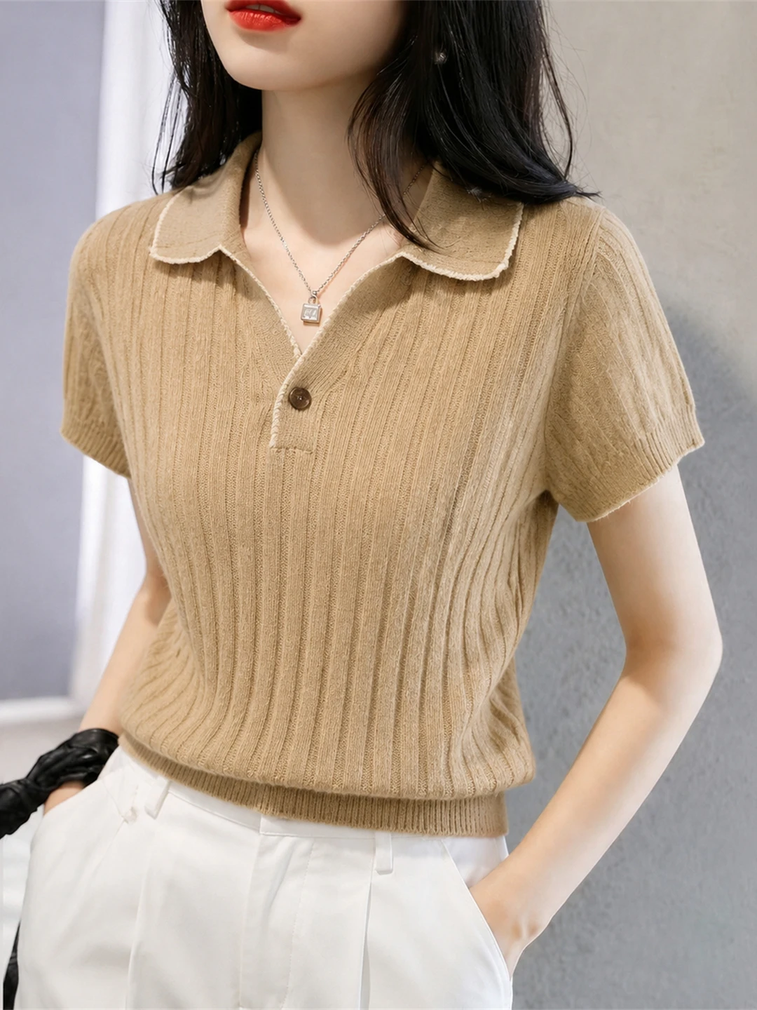 

Fashionable Knitted Short Sleeve Pullover Shirt Turn-down Collar Simple Design Summer Top for Women Commute Style Straight Cut