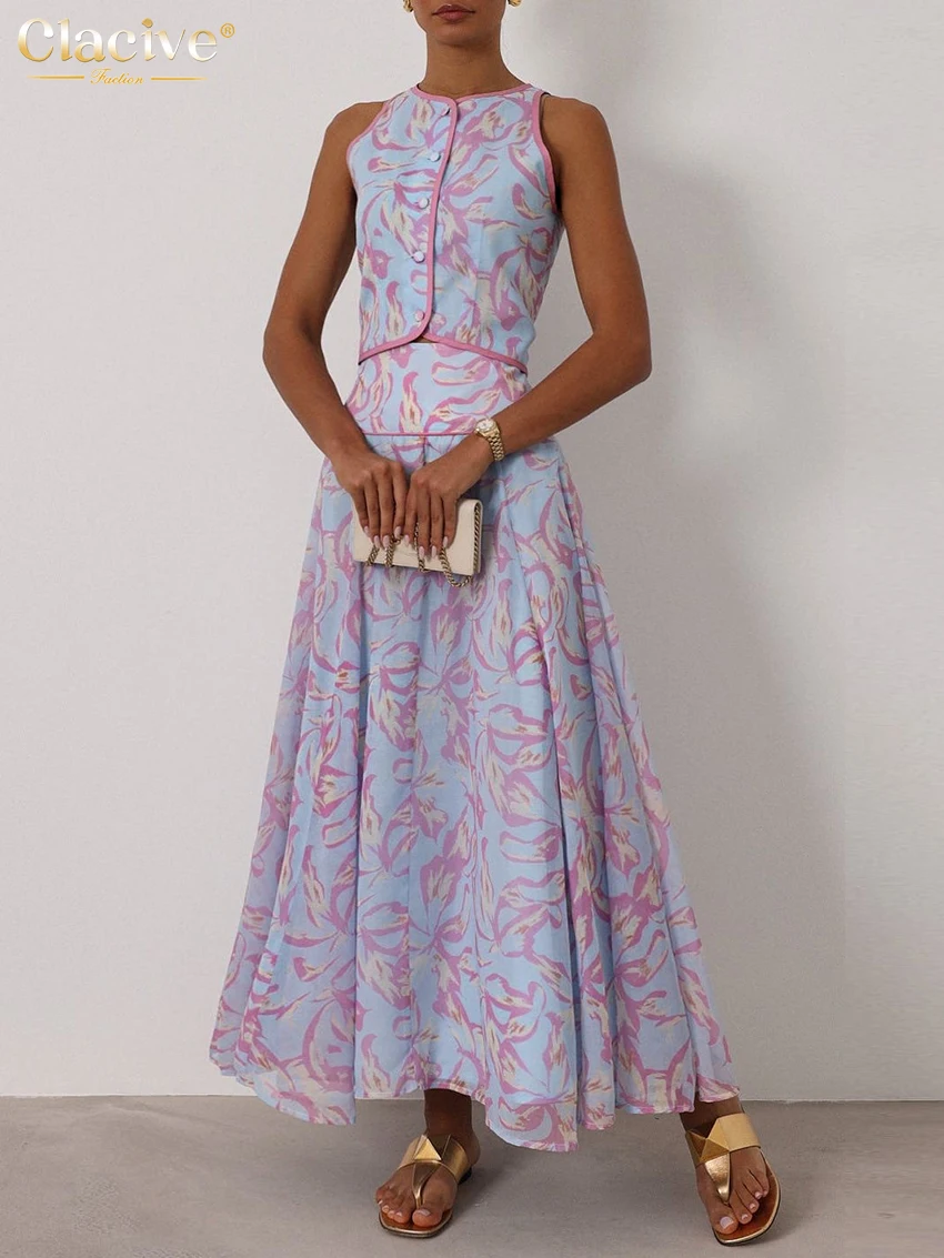 

Clacive Summer Loose Print 2 Piece Set Women Fashion Sleeveless Tank Top With High Waist Pleated Long Skirt Set Female Clothing
