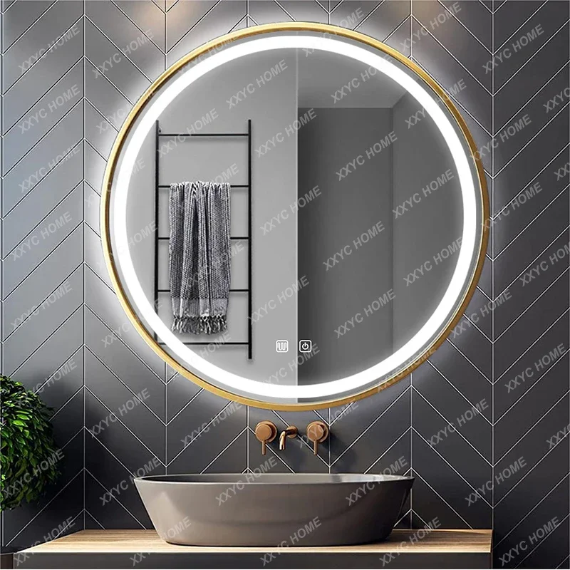 60/70/80cm LED Smart Gold Frame Round Makeup Stickers Mirror 3 Color Backlit Aesthetic Dimmer Vanity Espelhos Decoration Home