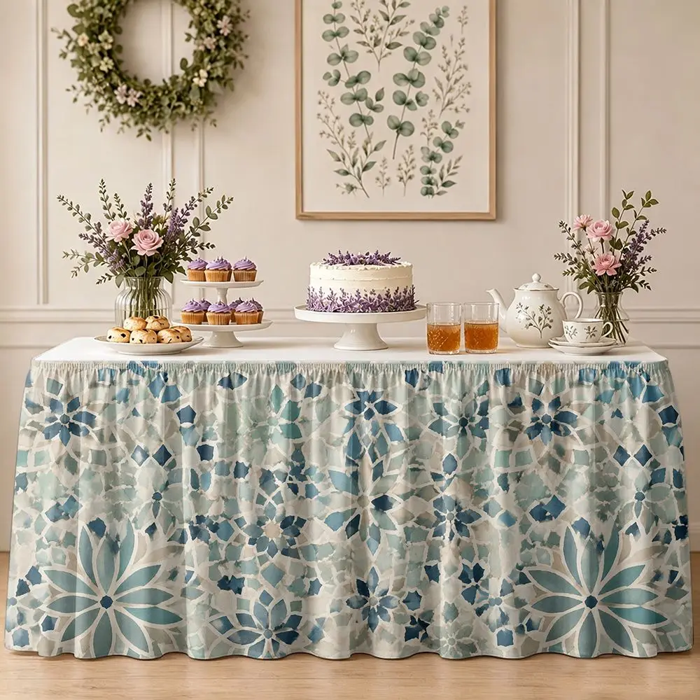 One table skirt, featuring a 2D printed design of blue floral geometric patterns.