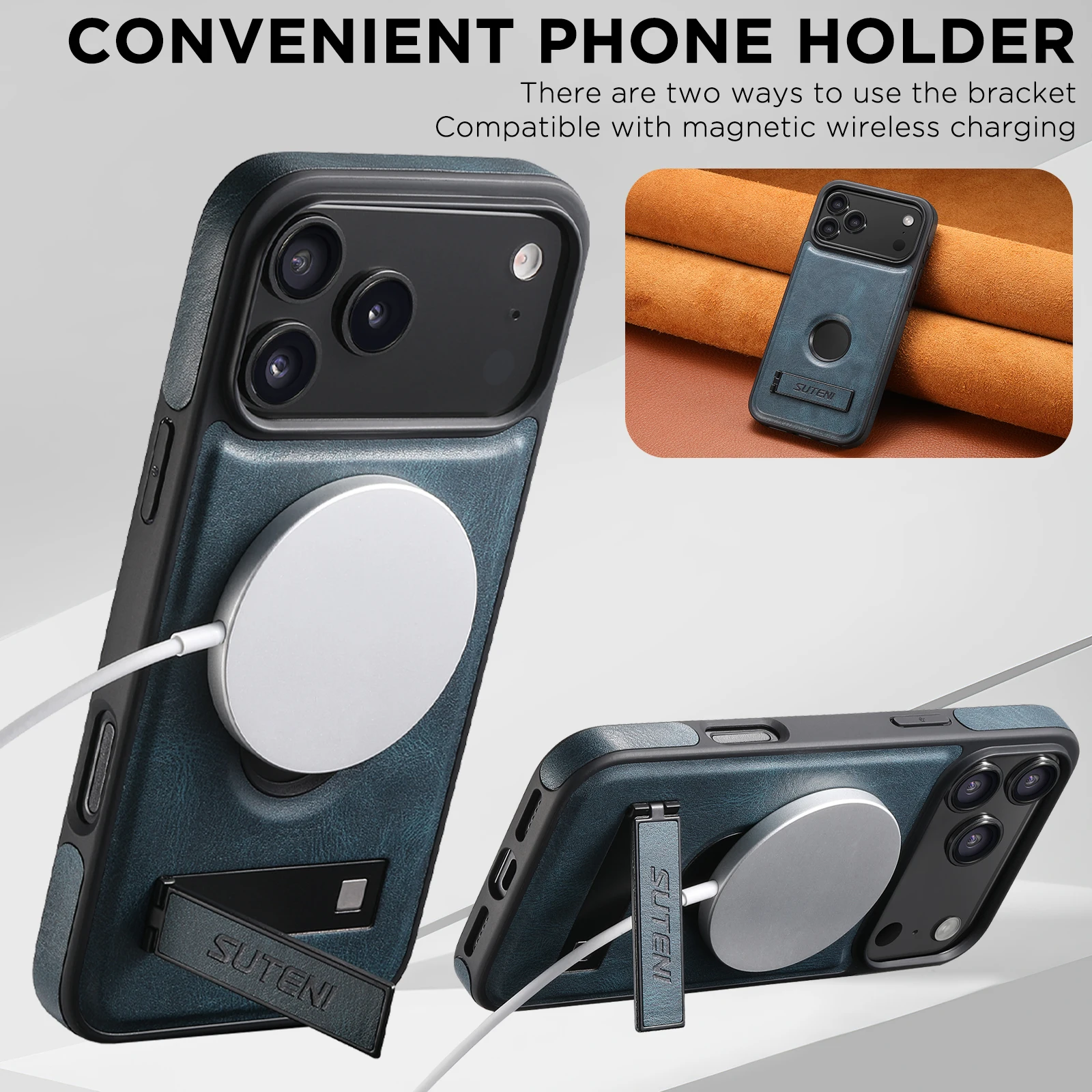 SUTENI Luxury Faux Leather Phone Case Stand Magnet Wireless Charging Smooth Surface For iPhone 17 Pro Max 16 Plus 15 14 13 12