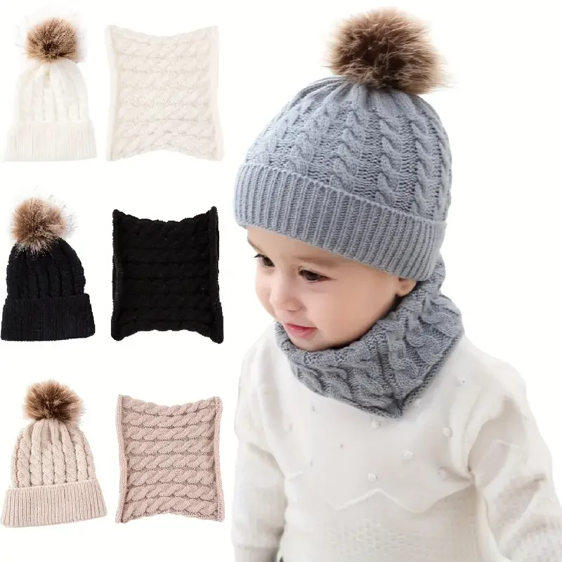 2pcs/set Children\'s Woolen Hat & Neck Scarf Set, Winter Solid Color Outdoor Cycling Thickened Warm Knitted Hat