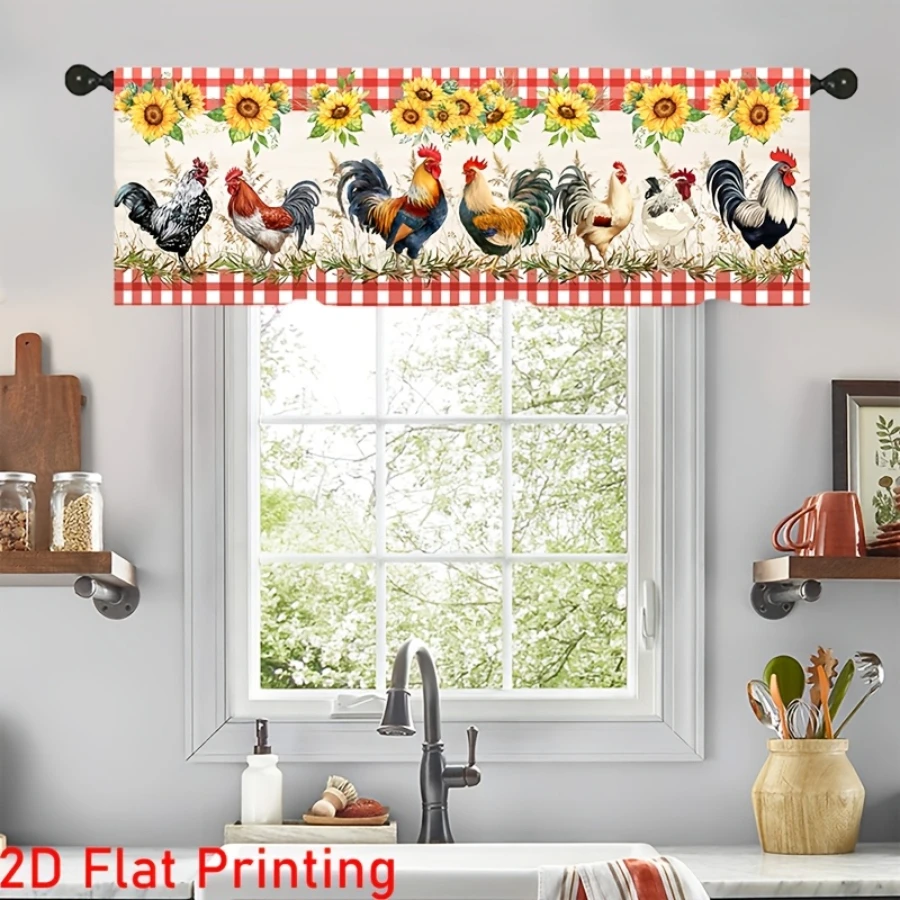  Rooster Sunflower Red Plaid Kitchen Curtain, Farmhouse Country Chicken Checkered Window Treatment for Kitchen Bathroom