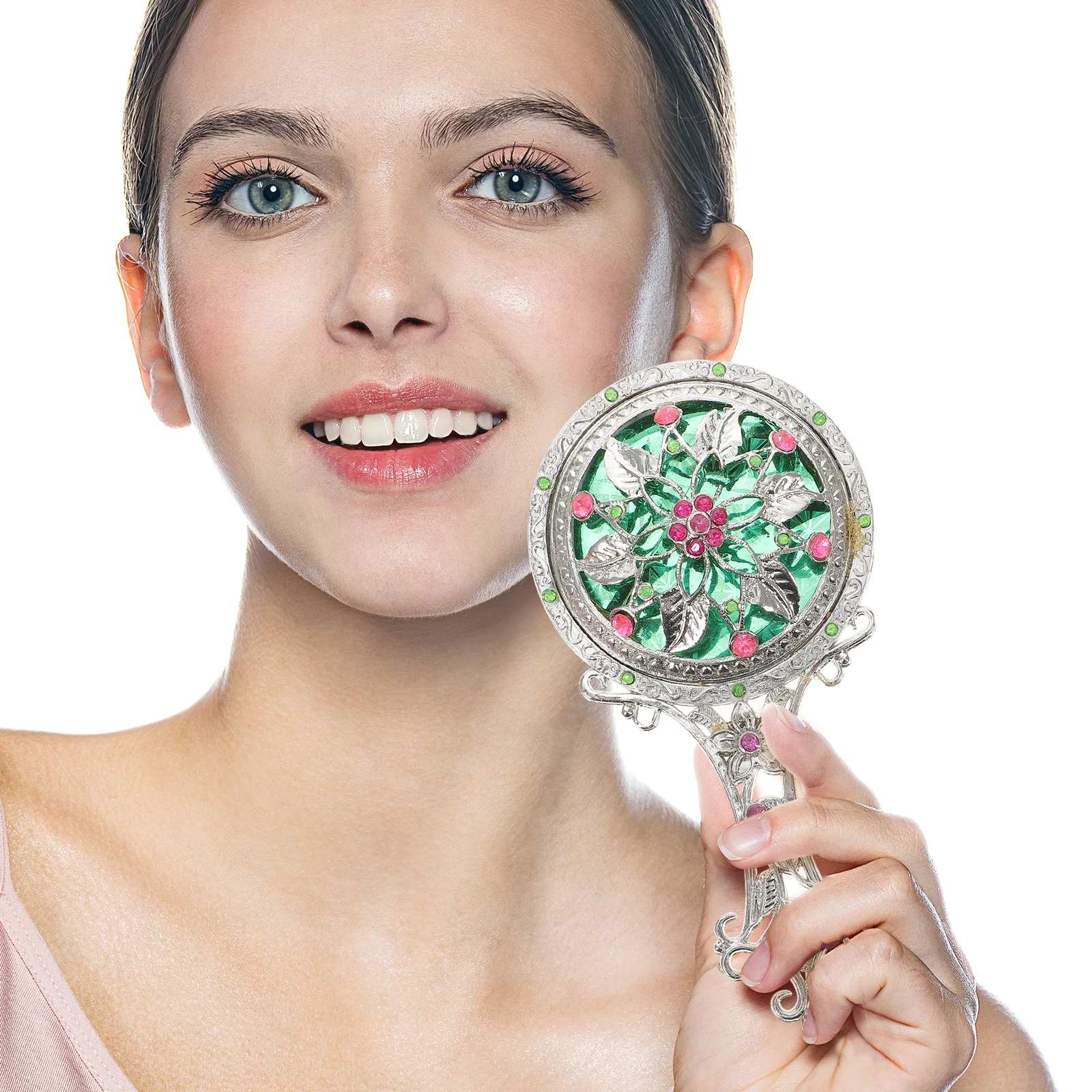 

Retro Floral Comb Set Elegant Mirror Small Vanity Portable Alloy Glass Make up Makeup with