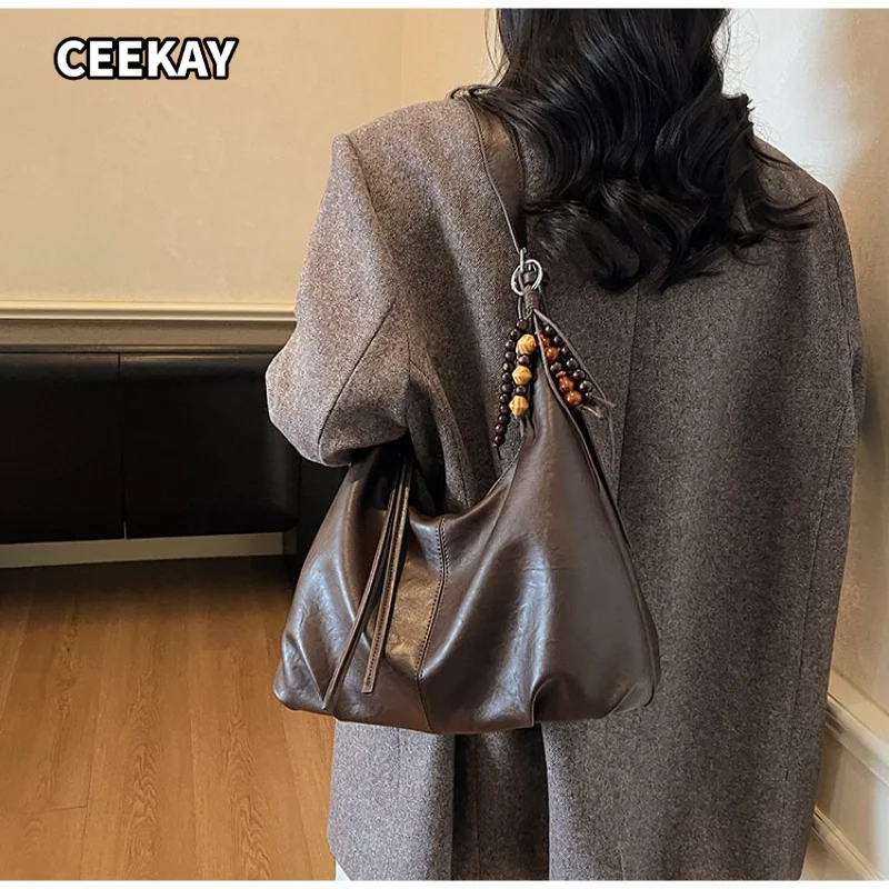 CEEKAY Women's Hobo Bag Caramel Soft PU Leather Large Shoulder Handbag Bead Tassel Pendant Daily Commute Casual Minimalist