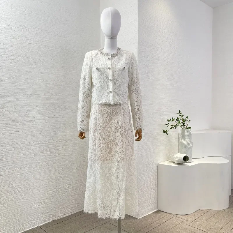 

High Quality new White Long Sleeve Lace Patchwork Diamonds Cardigan Tops and Skirt Sets for Elegant Ladies 2025